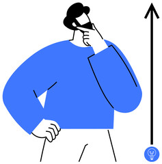 Individual with hand on chin expressing thought, next to upward arrow and lightbulb accent. Ideal for innovation, progress, career growth, decision-making, strategy, brainstorming, simple landing