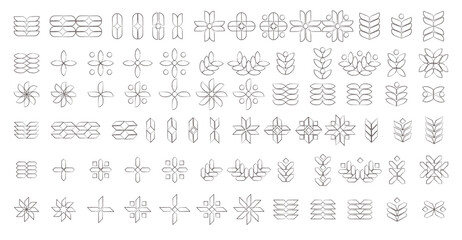 Mid-century Modern Botanical Graphic Flower and Leaves Icons Set Hand drawn effect