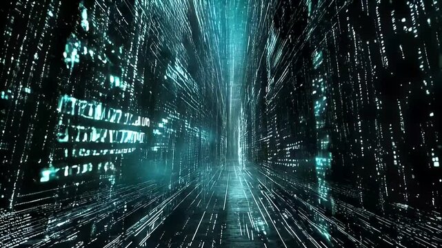 Digital corridor with glowing code