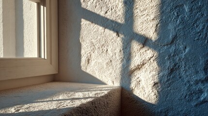 Sunlight filters through the window, creating patterned shadows on a textured wall. The soft colors and warm light enhance the peaceful atmosphere in the interior.