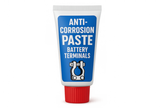 Anti-corrosion paste tube for protecting battery terminals on transparent background