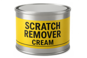 Silver metal tin of scratch remover cream with yellow label on transparent background