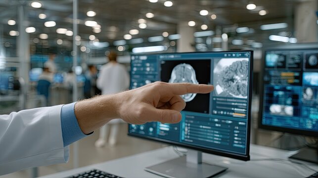 A doctor's hand points at an MRI scan displayed on multiple monitors in a contemporary office setting filled with light