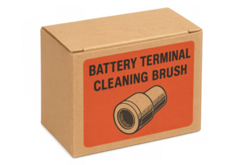 Cardboard box containing battery terminal cleaning brush on transparent background