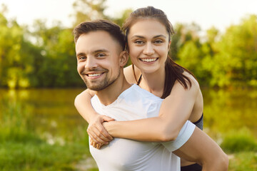 Happy sporty loving healthy interacting sharing happy moment brightly smiling and happily looking,...