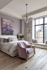 Elegant mauve bedroom with city view