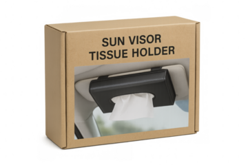 Cardboard box packaging showing sun visor tissue holder with transparent background
