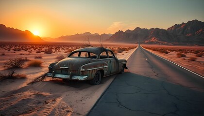 Rusty vintage car abandoned on a desert highway at sunset.