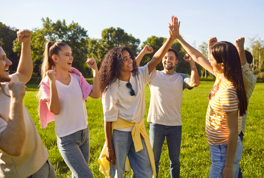 Happy diverse group of young people friends together in park, sunny outdoor, excited, celebrating achievement or victory gesture of triumph, success, unity, smiling joyful positive energy, high five 