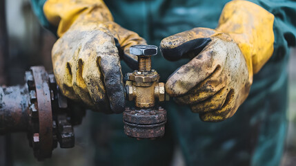 Worker in protective gloves fixing rusty water valve with care