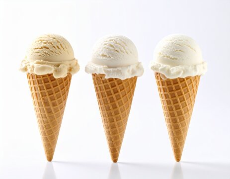 Tres conos de helado sobre superficie clara