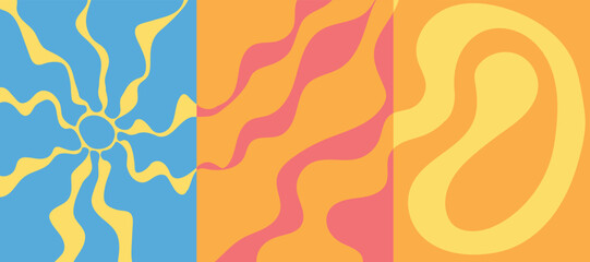 Horizontal retro groovy background with bright sunburst in style 60s, 70s. Trendy colorful graphic print