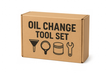 Cardboard box containing oil change tool set on transparent background
