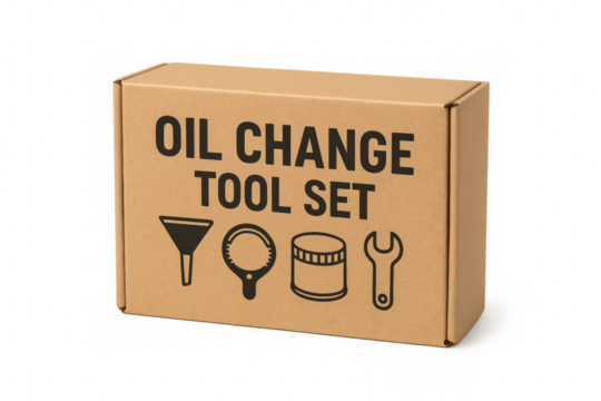 Cardboard box containing oil change tool set on transparent background