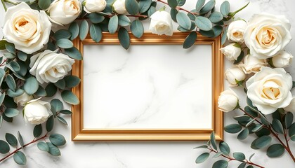 A golden picture frame surrounded by white roses and eucalyptus leaves, on a marble surface.