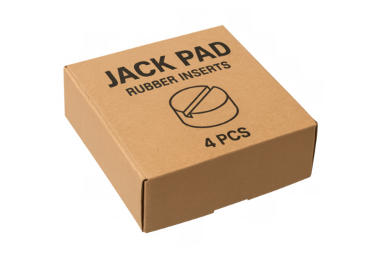 Cardboard box containing four rubber jack pads on transparent background