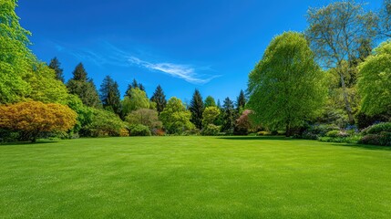 Wide shot of a lush English garden featuring vibrant greenery, smooth lawns, and diverse trees under the warm sun in summer