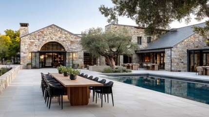Stylish outdoor dining space with marble flooring, arched stone walls, an outdoor kitchen, and lush greenery by the poolside