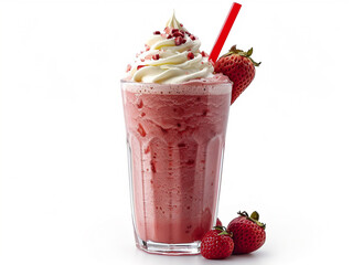 A photorealistic tall glass of pink strawberry milkshake topped with whipped cream and sprinkles, isolated on white, glossy finish and soft shadows, vibrant lighting 
