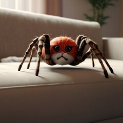 A bizarre yet oddly cute hybrid creature with a fluffy orange cat face and eight furry spider legs sits on a light-colored sofa indoors