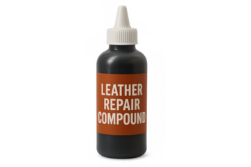 Leather repair compound in a black bottle with transparent background
