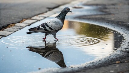 A rock dove (Columba livia) stepping through a shallow water puddle on asphalt, with its clear reflection visible, showcasing its everyday interaction with the urban environment.