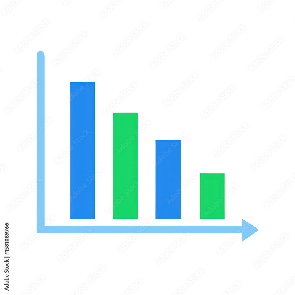 Poster declining bar graph chart with arrow on transparent background