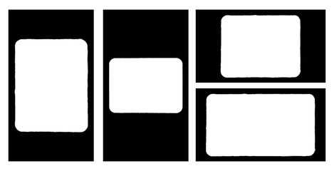 Four photo frames in different styles 16:9 size. Photo frames include a black border. Minimalist photo frames on a light background. Instant photo frames, vector set for social media