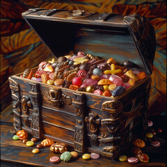 Vintage Wooden Pirate Treasure Chest Filled with Colorful Candies