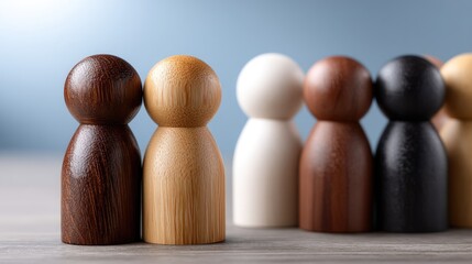 Wooden figurines join hands forming a circle, symbolizing teamwork and support in a business office environment, promoting collaboration