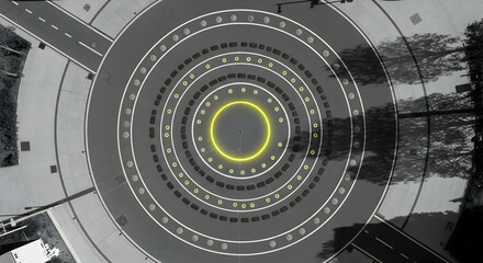 Obraz premium Aerial view of a roundabout with geometric patterns and central light feature creating a focal point