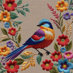 A vibrantly embroidered bird with a colorful plumage is perched amidst an array of similarly embroidered flowers and leaves, all set against a textured, light brown fabric background.