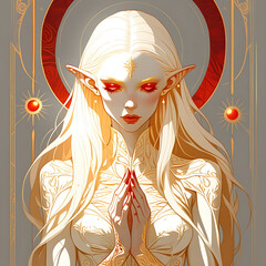 A striking, ethereal elven woman with long blonde hair, glowing red eyes, and intricate golden patterns on her skin, poses 
