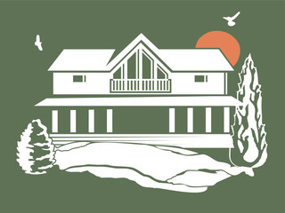 Trendy house illustration in American style for textile design
