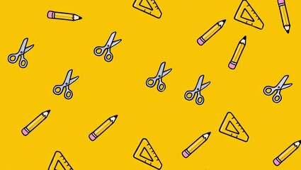 Obraz premium Cheerful yellow background with hand-drawn pencils, scissors, and rulers