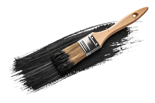 A close-up shot of a paintbrush with black paint isolated on white background