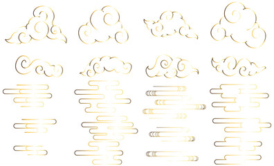 Set of gold traditional Asian style clouds silhouette with swirling, fluffy shapes and patterns in flat minimalist design for decorative design elements and cultural motifs