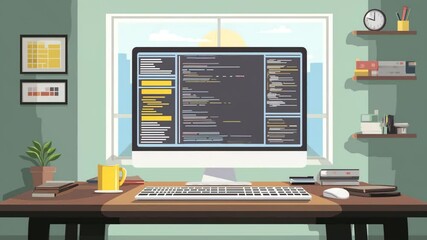 Modern Workspace with Coding Screen - Powered by Adobe