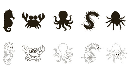 Collection of cartoon sea creatures and silhouettes including seahorse crab octopus and spider