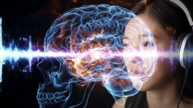 Brainwave Symphony: A human brain abstractly displayed with wave patterns and silhouette face in headphone listening to music, representing sound of brain and focus concept.
