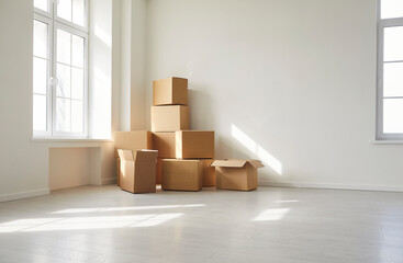 Empty room with stack of cardboard boxes with property with no people prepared for relocation. Removal and transporation concept. New house or apartment during moving day. Real estate