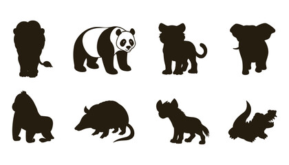 Collection of eight stylized animal silhouettes including a panda and jungle creatures
