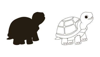 Cute cartoon turtle silhouette and outline drawing on white background
