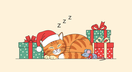 Cute Ginger Kitten Sleeping Soundly Amidst Christmas Gifts with a Tiny Mouse Friend