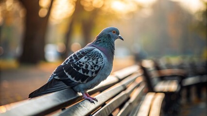 Close-up of a rock dove resting peacefully on a wooden bench in a public park. The golden hour light creates a serene atmosphere, perfect for themes of urban nature and quiet moments