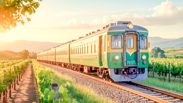 Vintage green train in vineyard at golden sunset vintage train