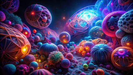 Night Photography: Abstract Fiber Sphere Art, Organic Patterns, Interwoven Lights, Dark Background, Glowing Spheres