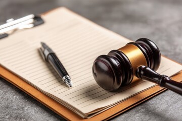 Healthcare Fraud Legal System concept. Legal gavel rests on a clipboard beside a pen and notepad, symbolizing justice and law.
