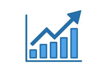 The 'blue business arrow and graph' on the  market is an icon that represents an upward trend, pointing towards growth on an economic chart, indicating rises on a financial board