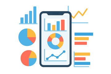 A modern smartphone is depicted in a flat vector illustration, showcasing a business graph and analytics data on an isometric mobile phone, representing analysis trends and financial strategy through